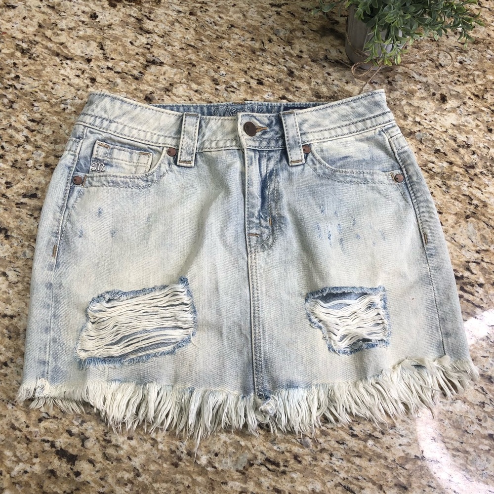 Miss Me Distressed Light Denim Frayed Hem Mini Skirt 26